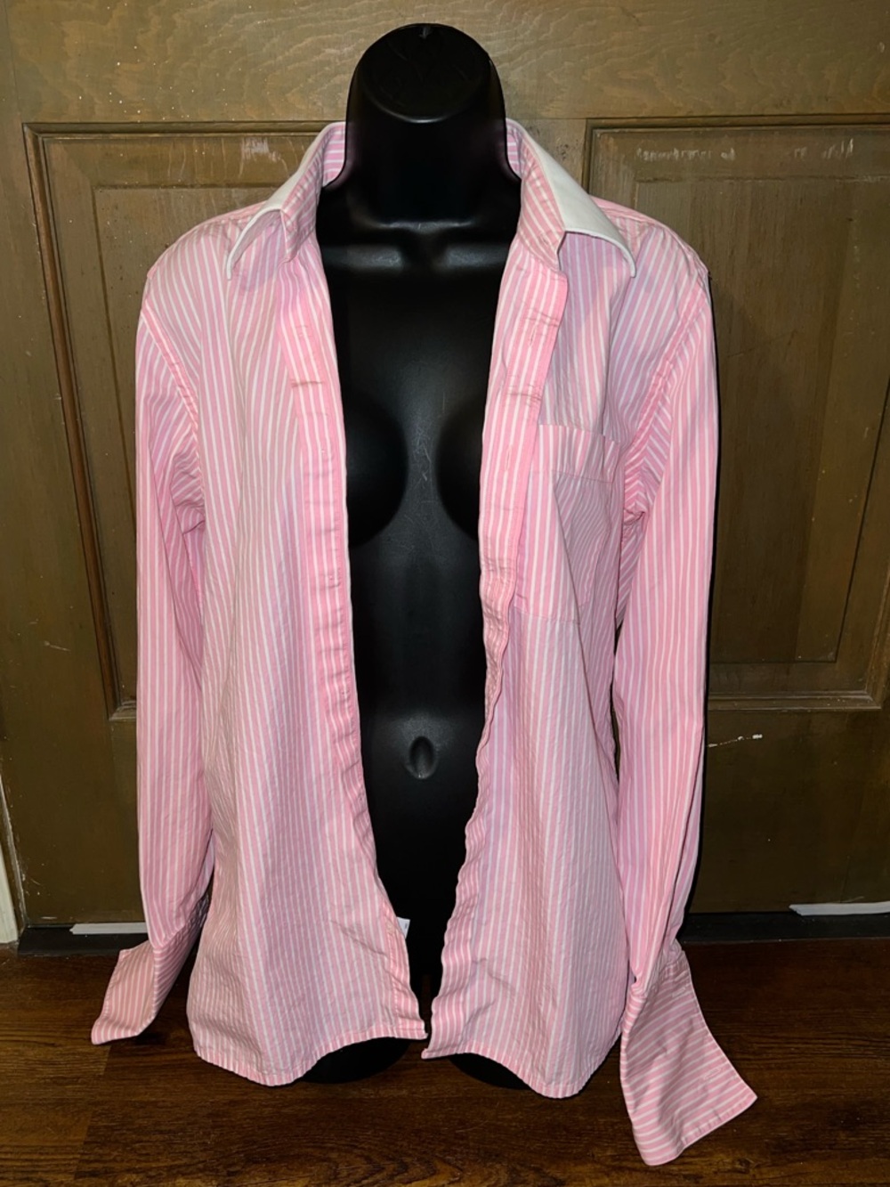 Pink White Preppy Chic Pinstripe Academia Casual Button Up Collar Shirt Size M - Picture 4 of 14